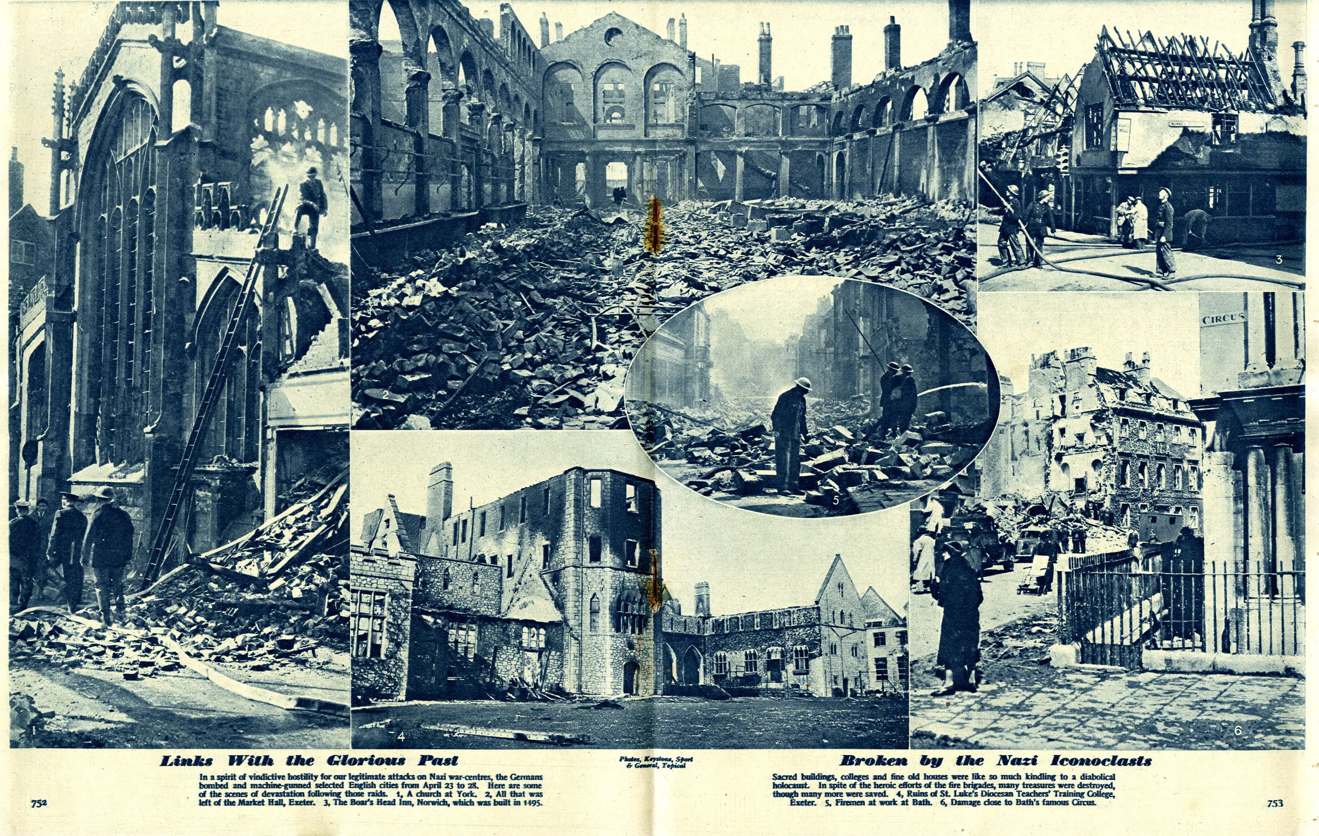 A page of the War Illustrated showing several photos of destruction in Britain. There are huge piles of brick and stone rubble, with firefighters and their hoses and ladders featured in several. Some buildings have no roofs, others have been totally reduced to rubble except for exterior columns.